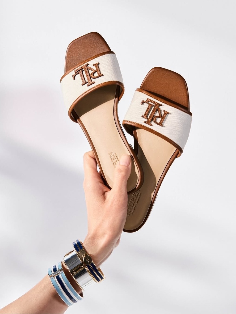 NEW LAUREN RALPH LAUREN EVERLEY LEATHER TRIM SLIDE SANDALS 5.5 - Picture 1 of 11